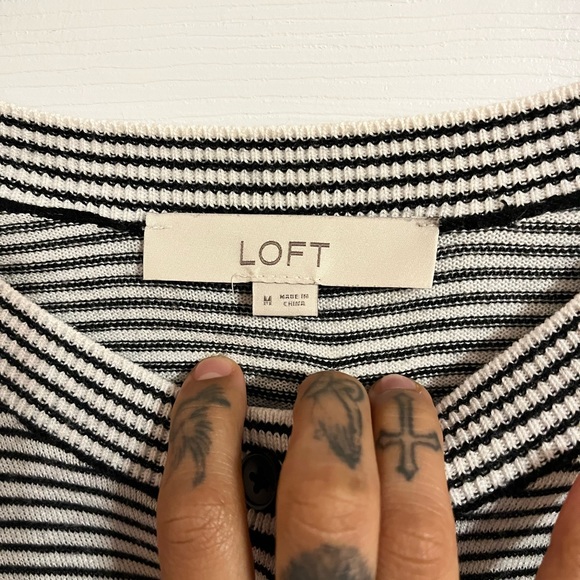 LOFT women's striped black white sweater cardigan buttons down flower - Picture 2 of 4